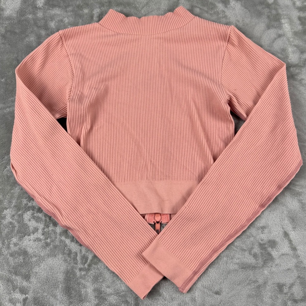 The 365 Couture Womens Ribbed Seamless‎ Zip Up Crop Top Pink S/M NEW - Picture 2 of 7